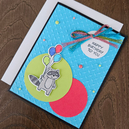 Handmade Birthday Greeting Card – Raccoon with Balloons