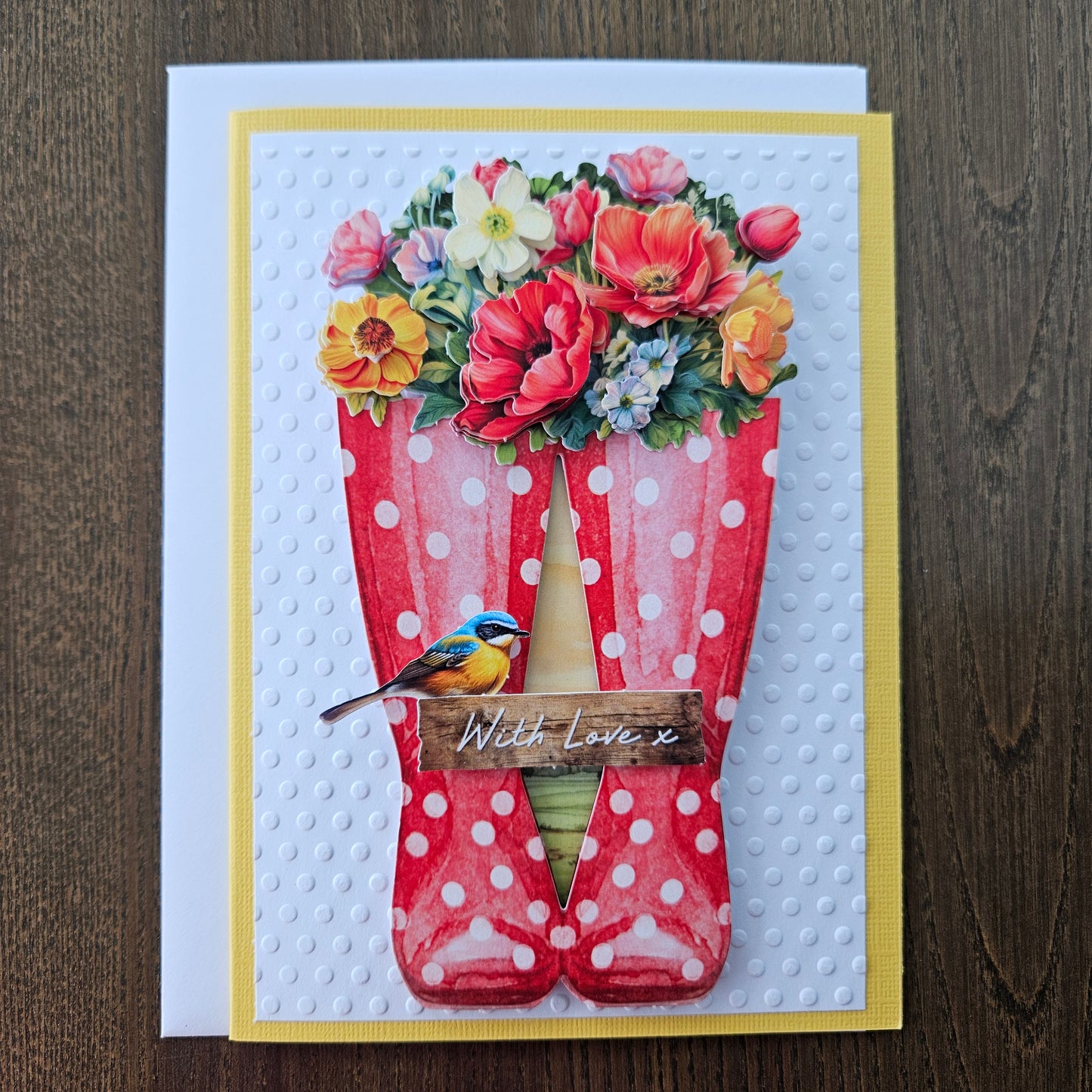 Handmade Greeting Card – Premium Design, Red Boots & Vibrant Flowers