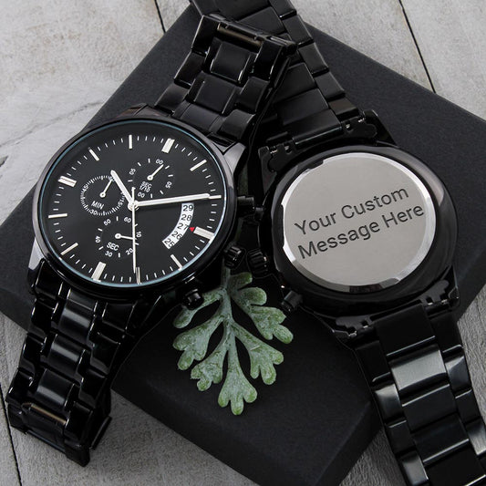 Personalized Engraved Black Chronograph Watch - Custom Gift for Him