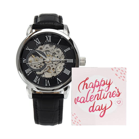 Luxury Men's Openwork Automatic Watch with Happy Valentine's Day Message Card – Timeless Elegance for Him