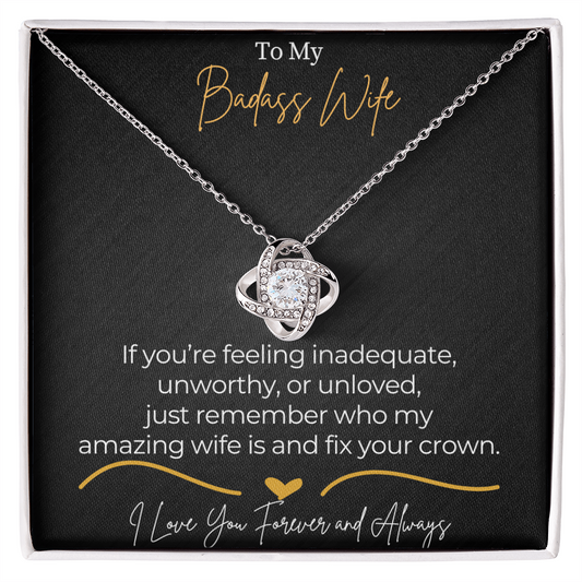 Handcrafted Love Knot Necklace with “To My Badass Wife” Message Card