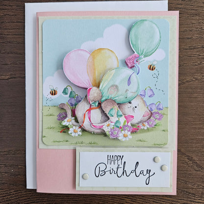 Adorable Cat with Balloons - Handmade Decoupage Birthday Greeting Card