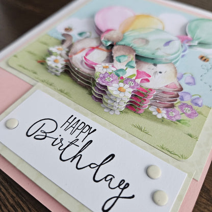 Adorable Cat with Balloons - Handmade Decoupage Birthday Greeting Card