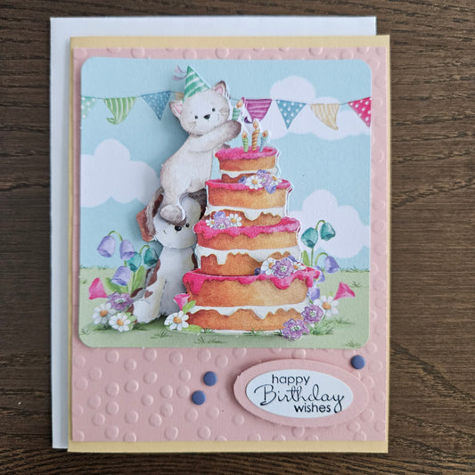 Cheerful Cat and Festive Cake - Handmade Decoupage Birthday Greeting Card