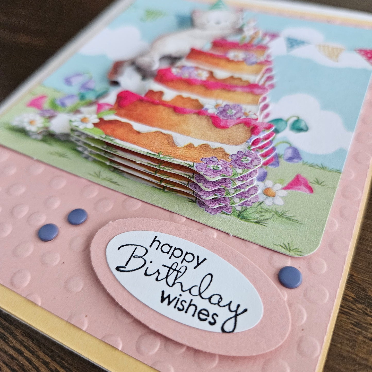 Cheerful Cat and Festive Cake - Handmade Decoupage Birthday Greeting Card