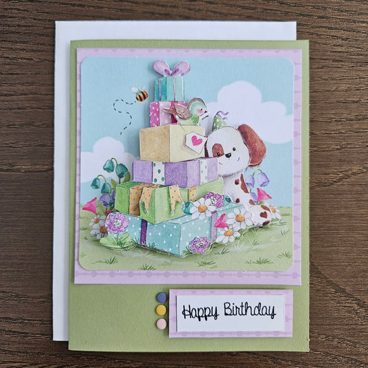 Cute Puppy with Colorful Gifts - Handmade Decoupage Birthday Greeting Card