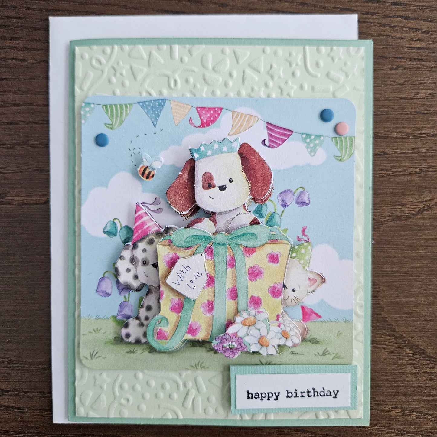 Puppies and Kitten with Gift - Handmade Decoupage Birthday Greeting Card