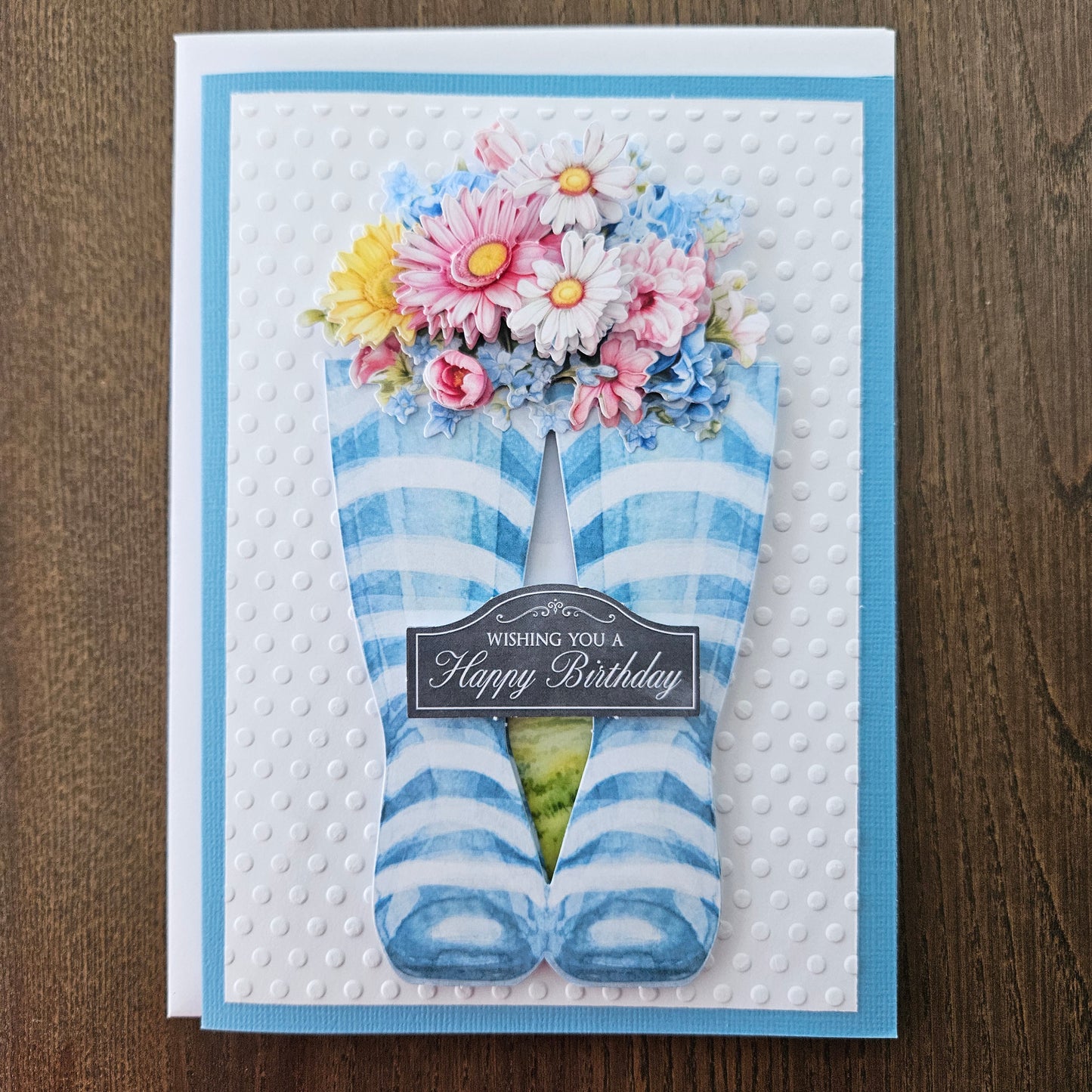 Handmade Birthday Greeting Card – Premium Design, Blue and White Striped Boots with Flowers