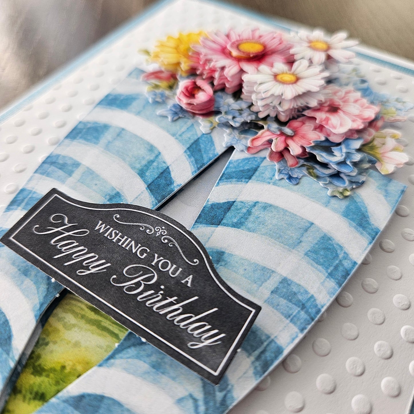 Handmade Birthday Greeting Card – Premium Design, Blue and White Striped Boots with Flowers