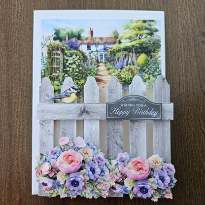 Handmade Birthday Greeting Card – Premium Design, Garden Fence & Cottage