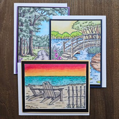 Handmade Greeting Card Bundle – Vibrant Hand-Colored Landscape Art (Set of 3)