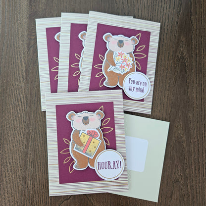 Handmade Thinking of You Greeting Card Bundle – Die-Cut Bear Design (3 Cards + FREE Bonus Card)